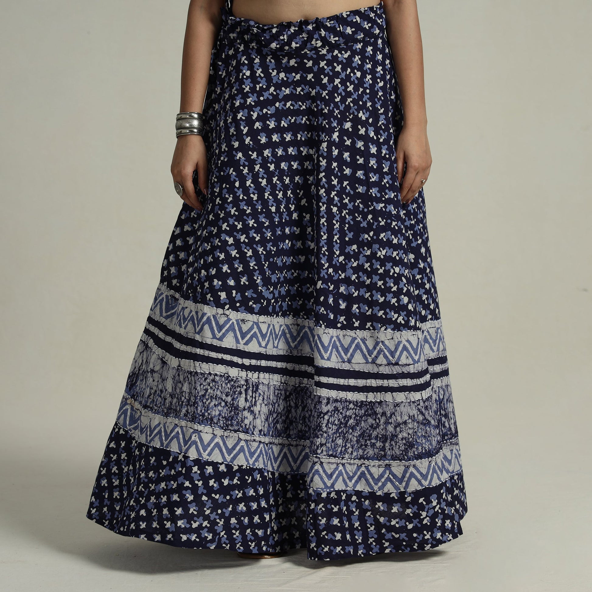 Blue - Hand Batik Printed Running Stitch Cotton Long Skirt 52