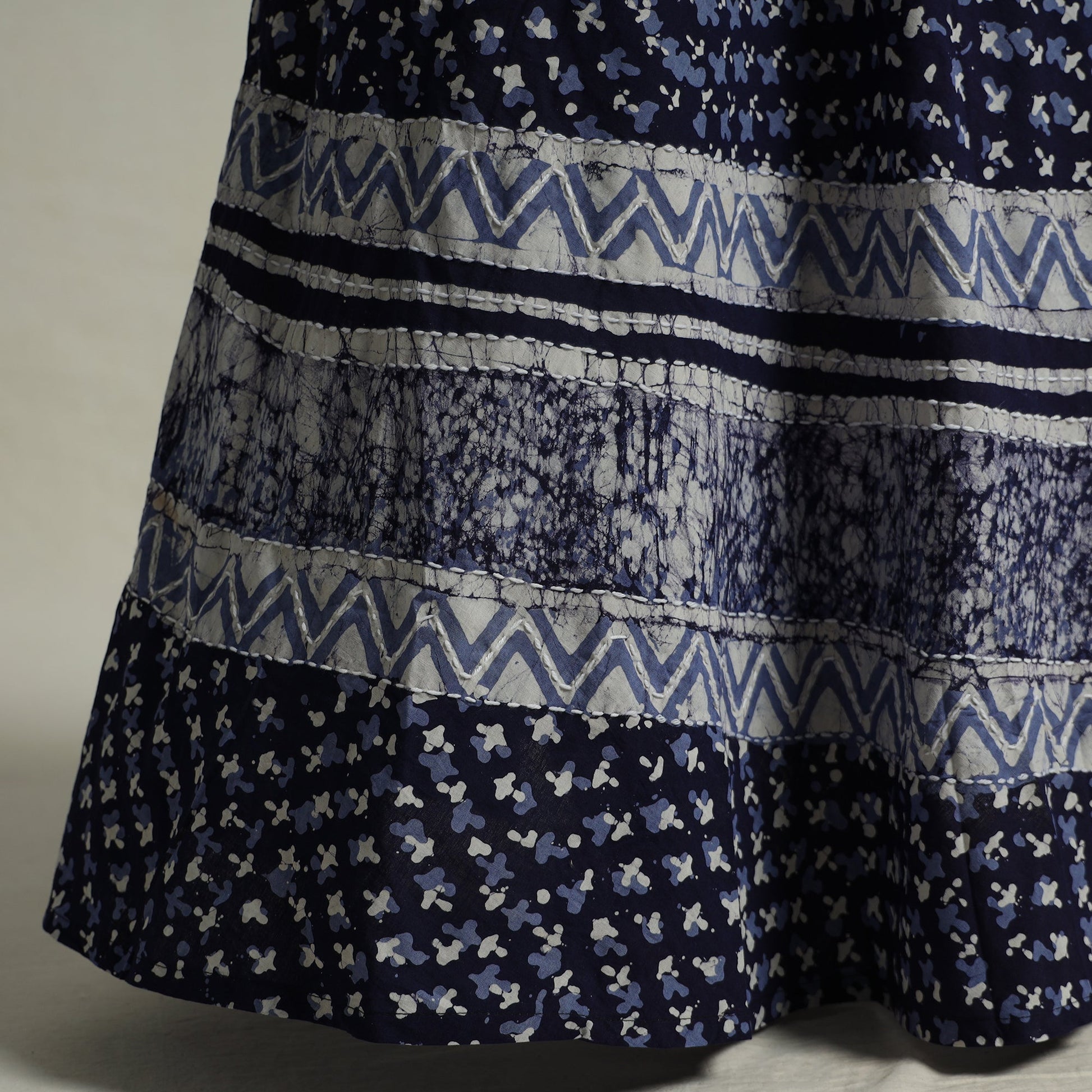 Blue - Hand Batik Printed Running Stitch Cotton Long Skirt 52