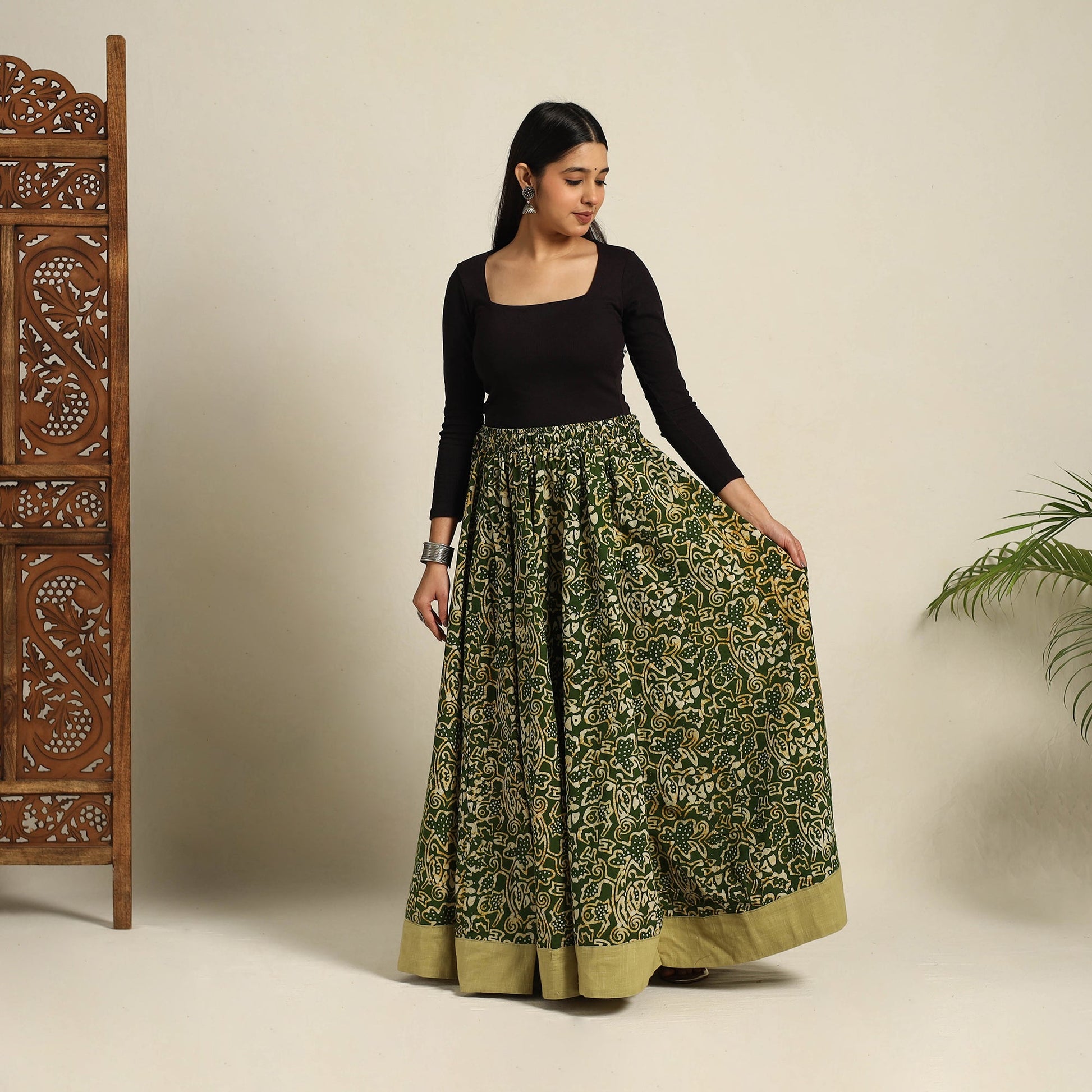 Green - 24 Kali Patchwork Batik Print Cotton Long Skirt 07