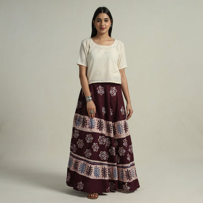 Brown - Hand Batik Printed Running Stitch Cotton Long Skirt 53