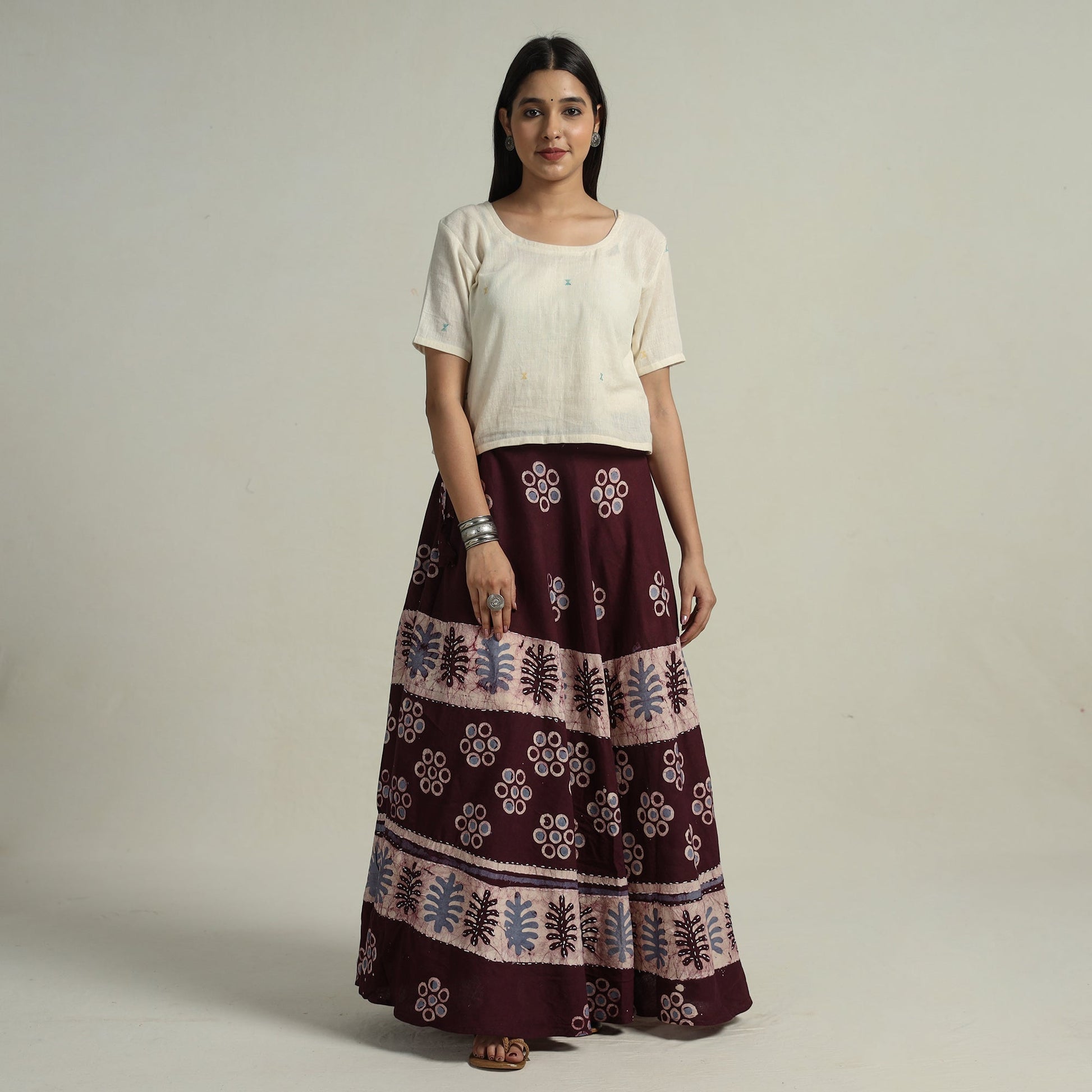 Brown - Hand Batik Printed Running Stitch Cotton Long Skirt 53
