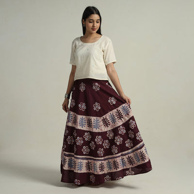 Brown - Hand Batik Printed Running Stitch Cotton Long Skirt 53