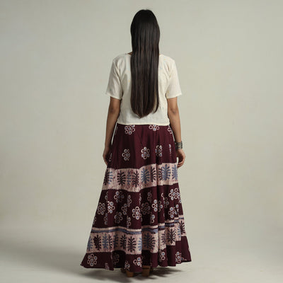 Brown - Hand Batik Printed Running Stitch Cotton Long Skirt 53
