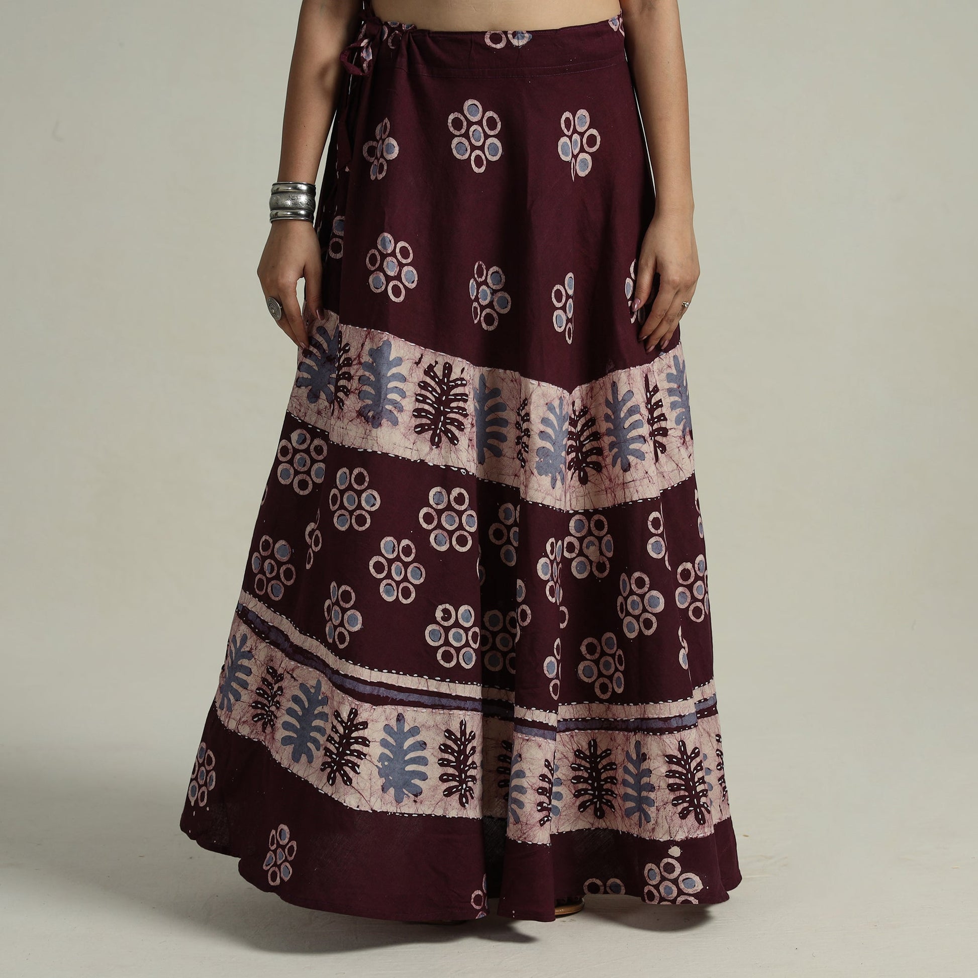 Brown - Hand Batik Printed Running Stitch Cotton Long Skirt 53