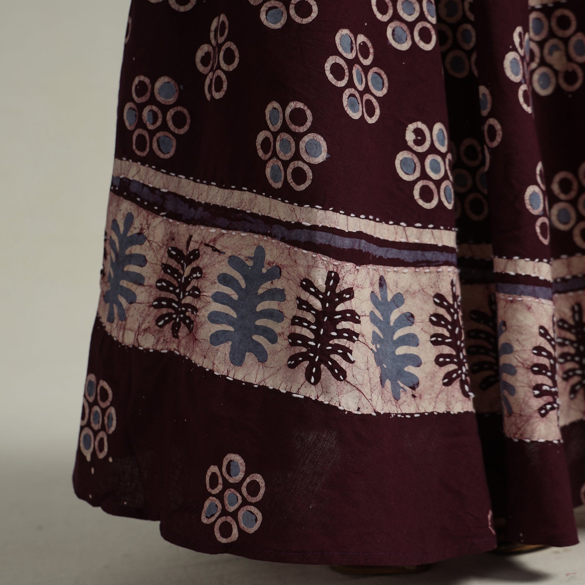 Brown - Hand Batik Printed Running Stitch Cotton Long Skirt 53