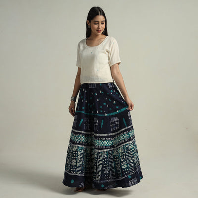 Blue - Hand Batik Printed Running Stitch Cotton Long Skirt 54