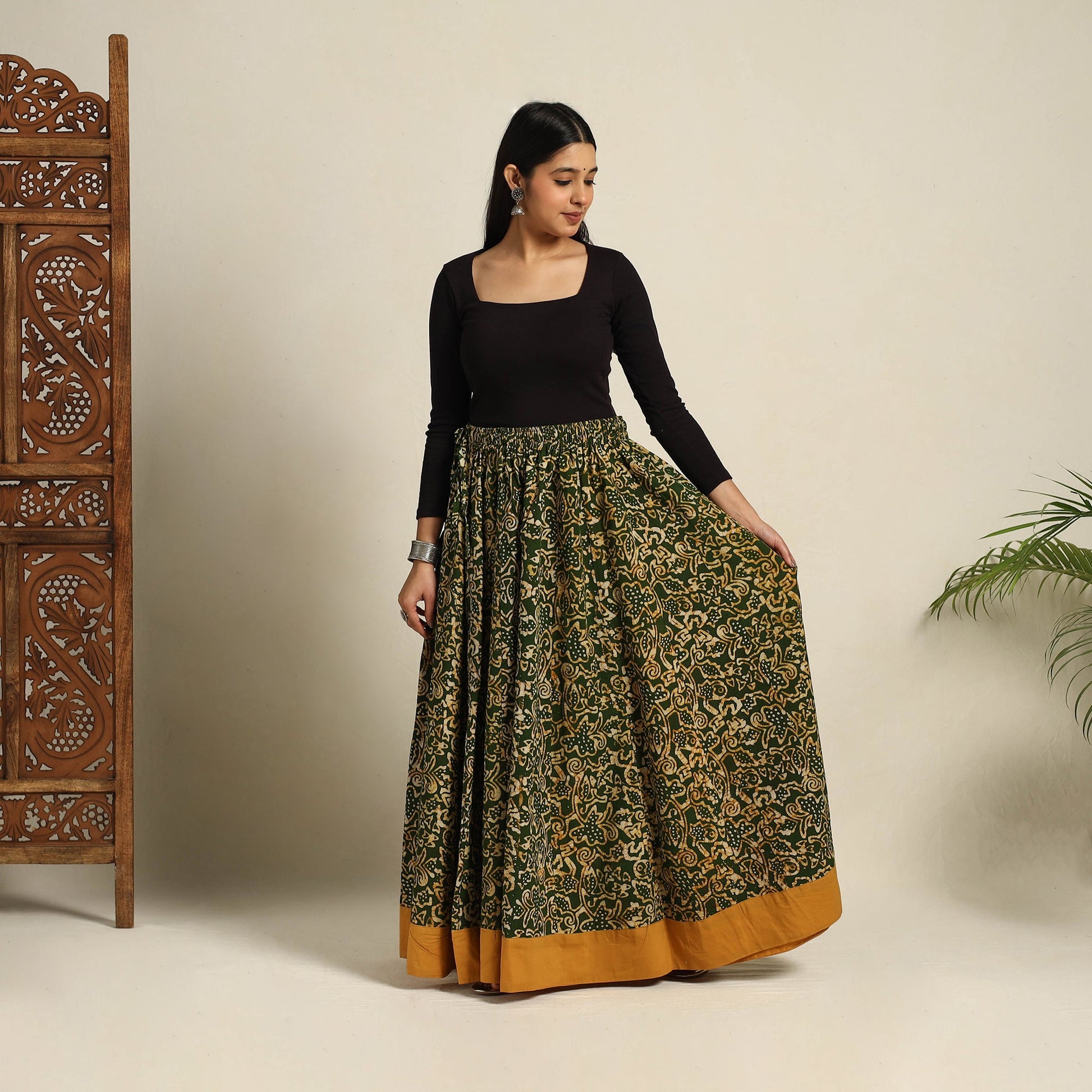 Green - 24 Kali Patchwork Batik Print Cotton Long Skirt 08