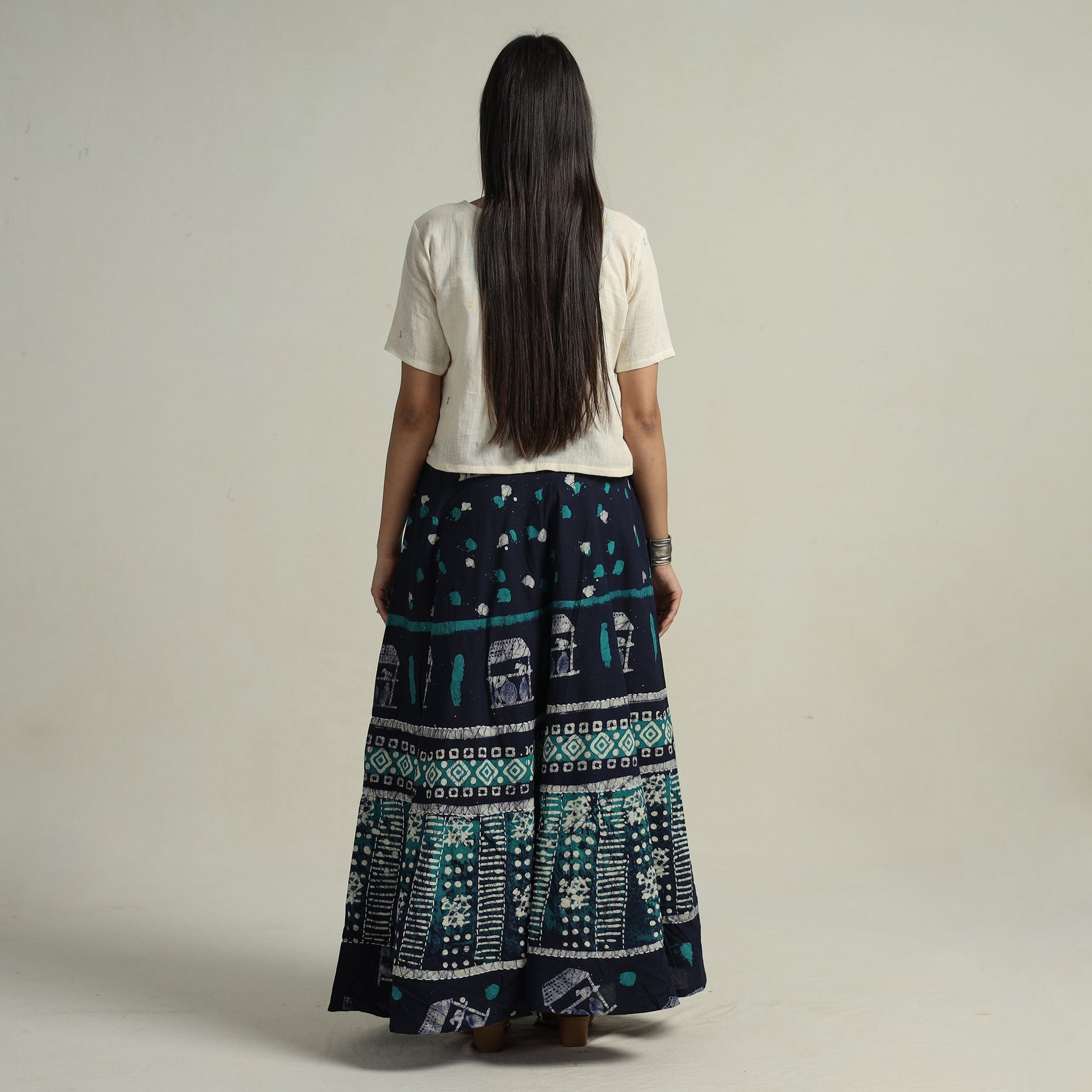 Blue - Hand Batik Printed Running Stitch Cotton Long Skirt 54