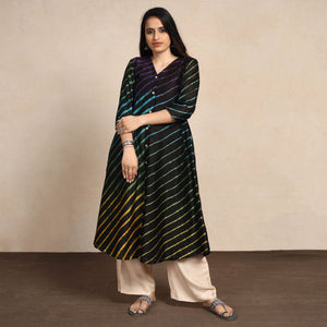 Black - Leheriya Tie-Dye Chanderi Silk A-Line Long Kurta
