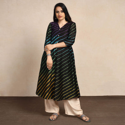 Black - Leheriya Tie-Dye Chanderi Silk A-Line Long Kurta