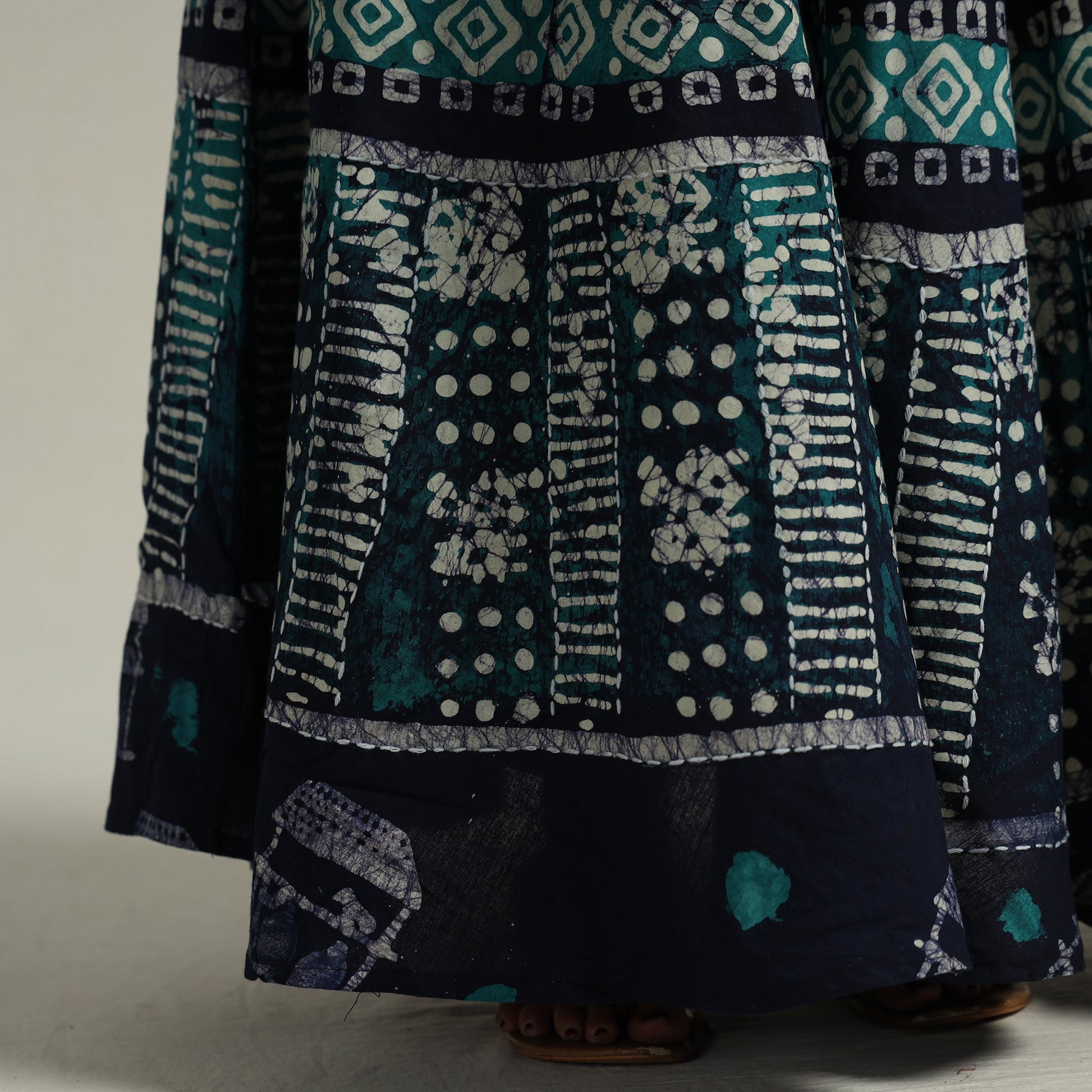 Blue - Hand Batik Printed Running Stitch Cotton Long Skirt 54
