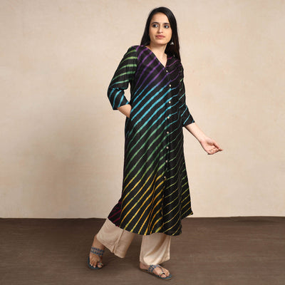 Black - Leheriya Tie-Dye Chanderi Silk A-Line Long Kurta