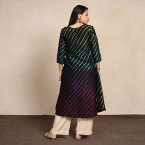 Black - Leheriya Tie-Dye Chanderi Silk A-Line Long Kurta