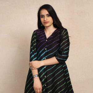 Black - Leheriya Tie-Dye Chanderi Silk A-Line Long Kurta