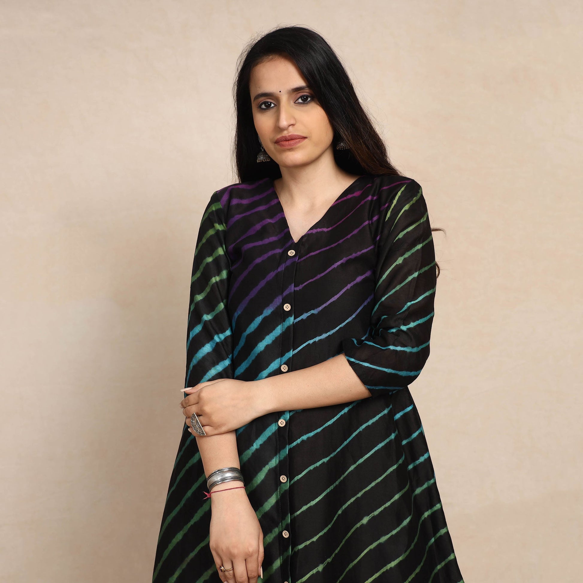 Black - Leheriya Tie-Dye Chanderi Silk A-Line Long Kurta