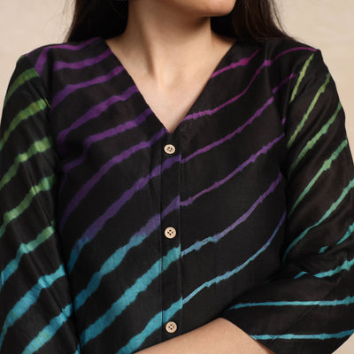 Black - Leheriya Tie-Dye Chanderi Silk A-Line Long Kurta