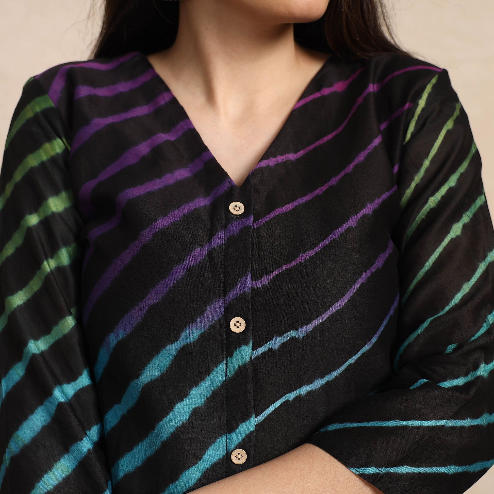 Black - Leheriya Tie-Dye Chanderi Silk A-Line Long Kurta