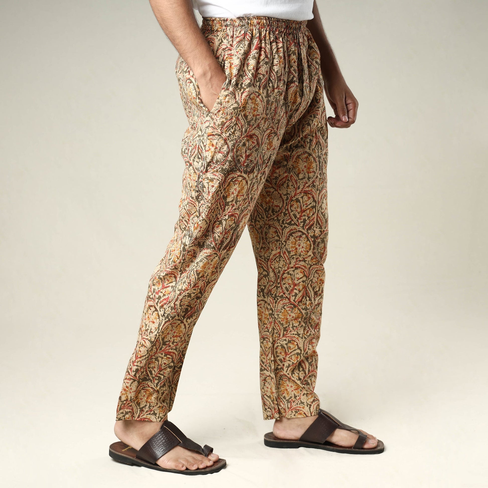 Beige - Kalamkari Block Printed Cotton Men’s Pyjama