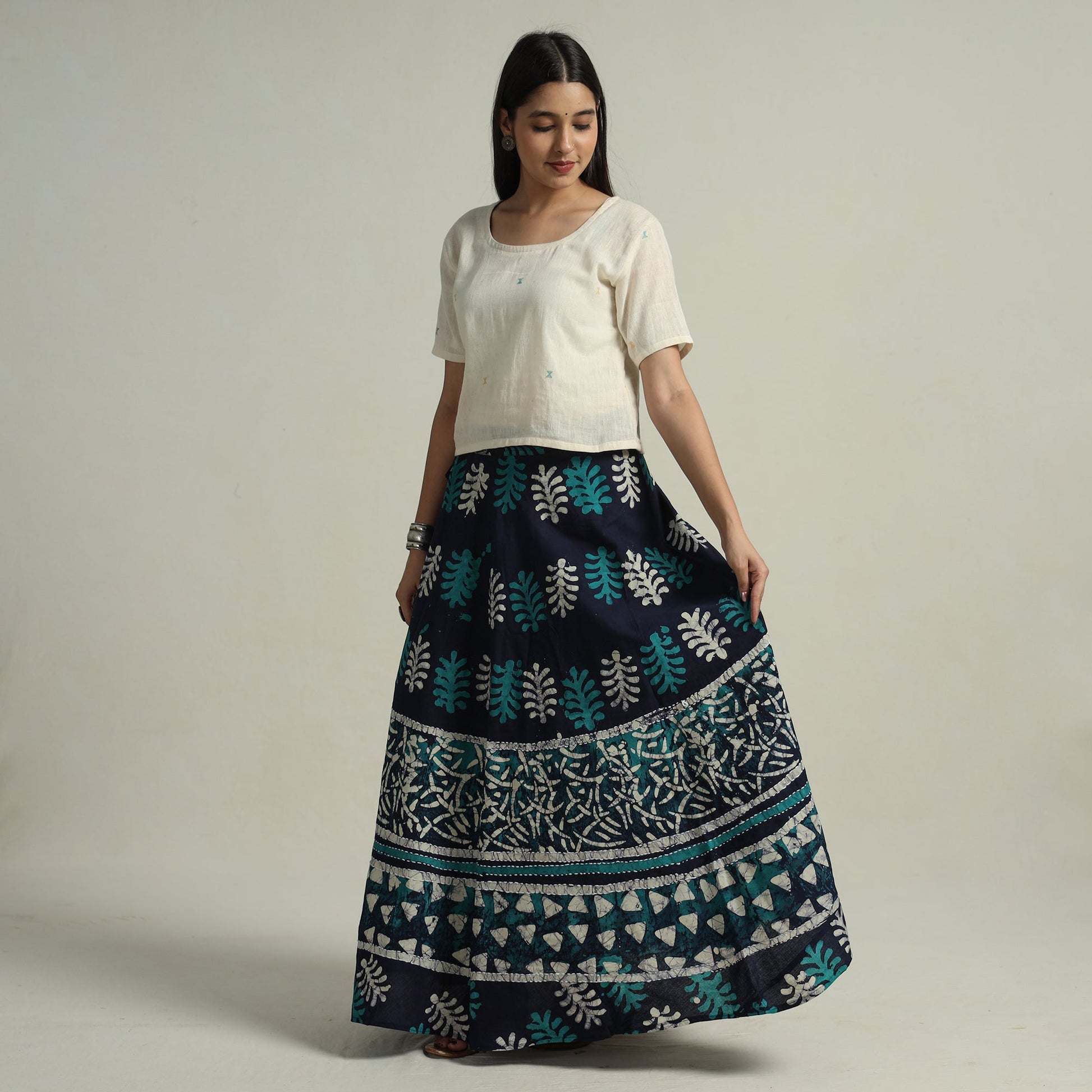 Blue - Hand Batik Printed Running Stitch Cotton Long Skirt 58