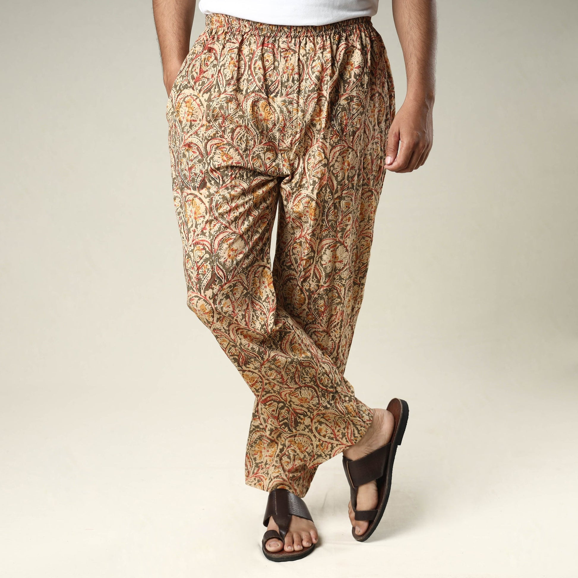 Beige - Kalamkari Block Printed Cotton Men’s Pyjama