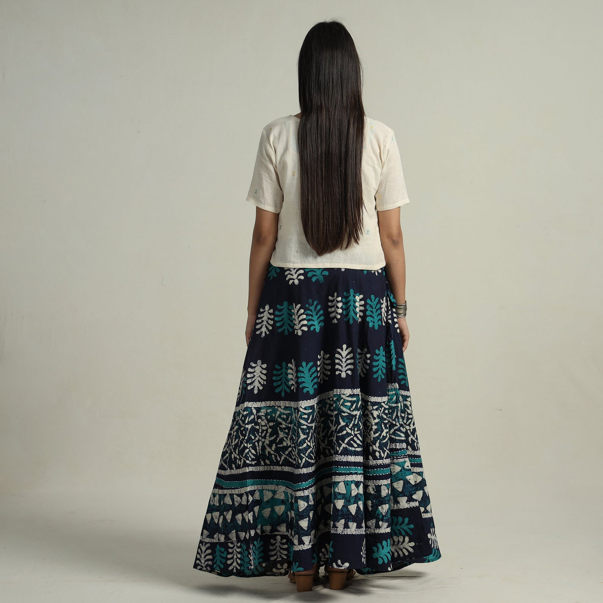 Blue - Hand Batik Printed Running Stitch Cotton Long Skirt 58