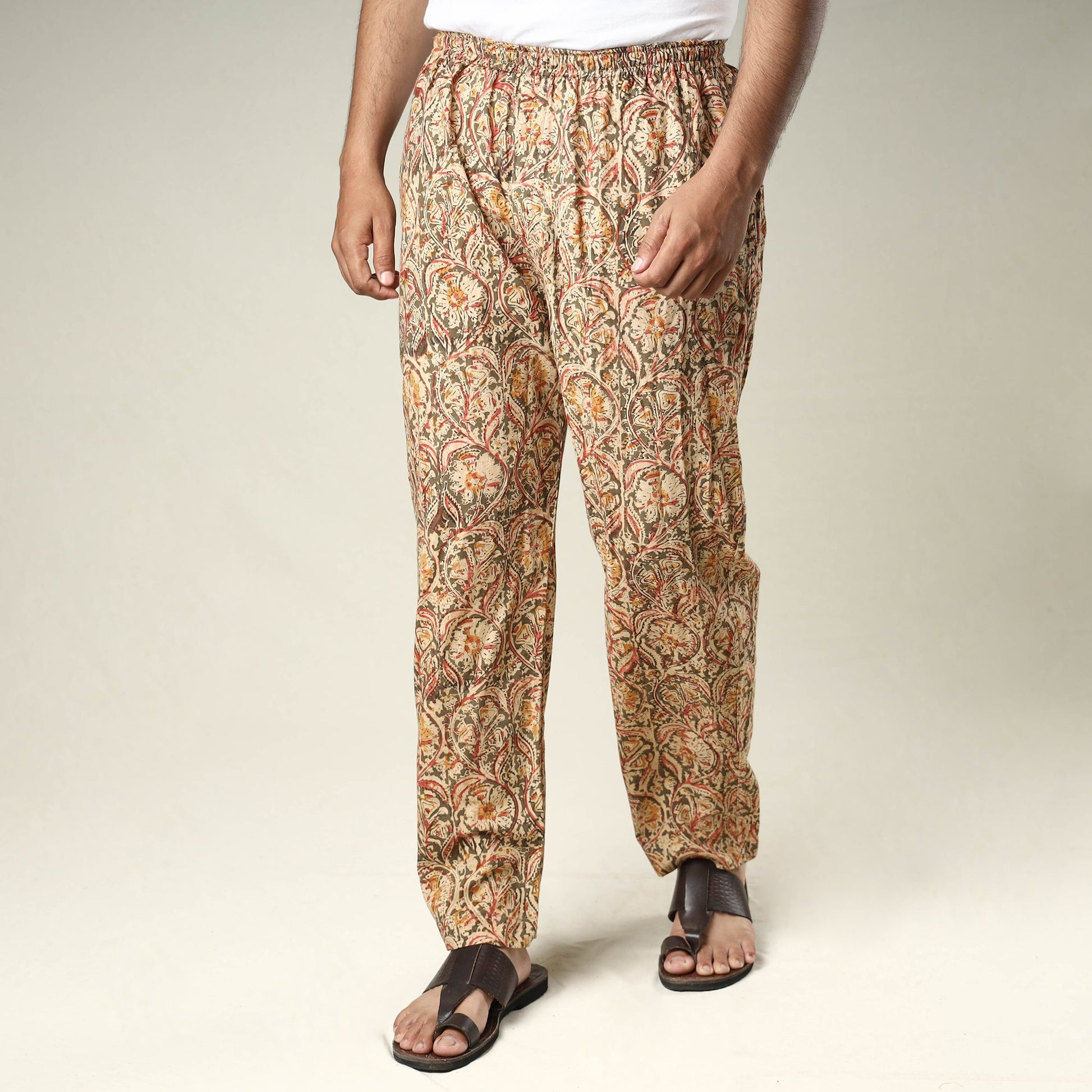 Beige - Kalamkari Block Printed Cotton Men’s Pyjama