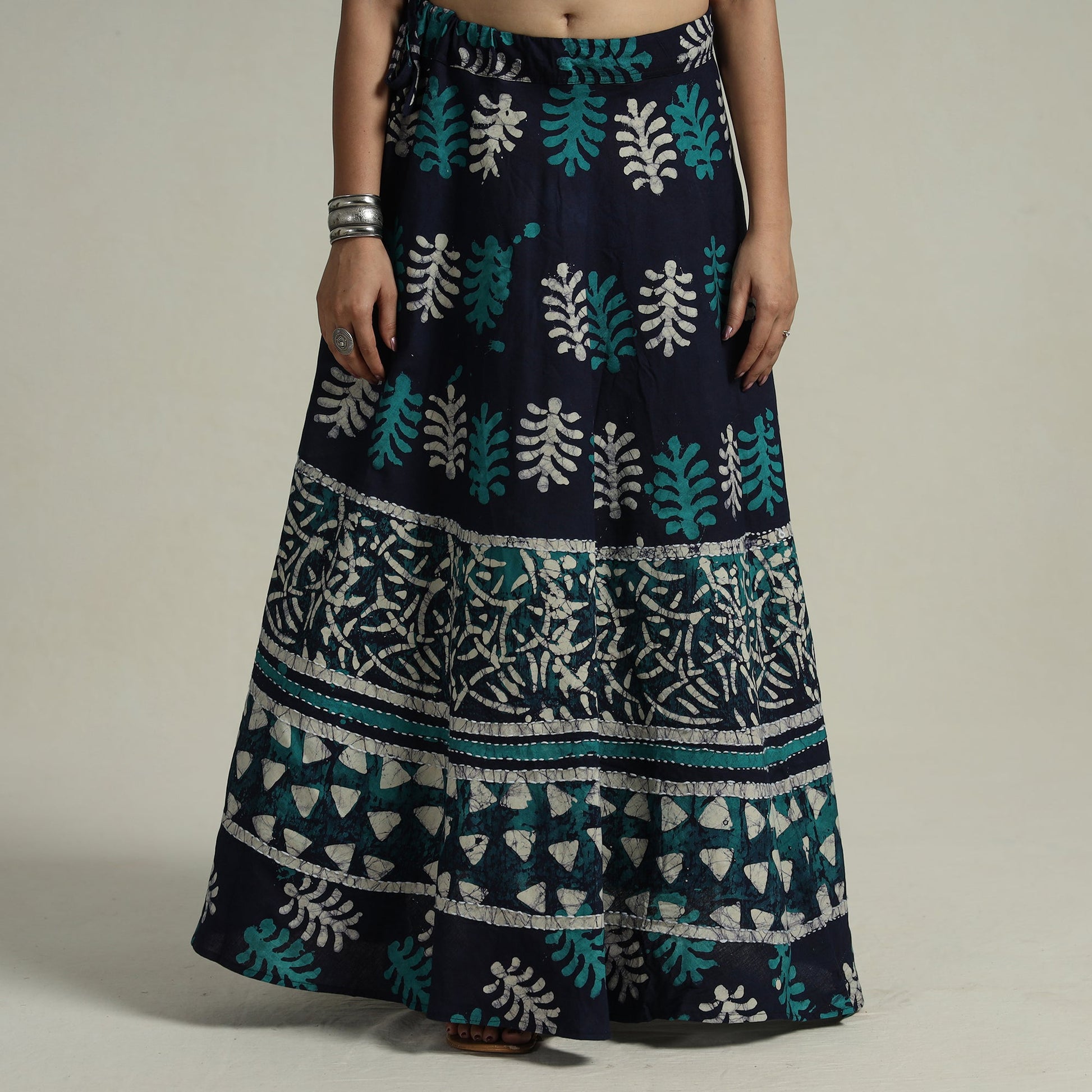 Blue - Hand Batik Printed Running Stitch Cotton Long Skirt 58
