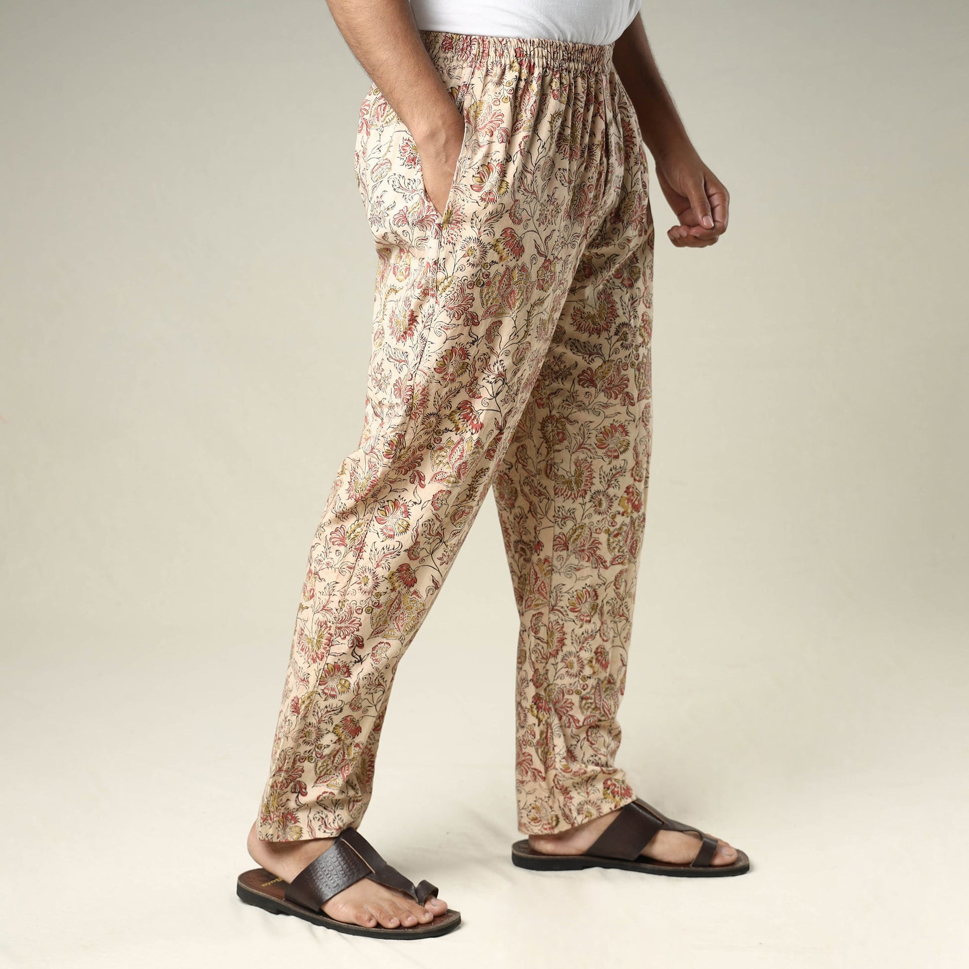 Beige - Kalamkari Block Printed Cotton Men’s Pyjama