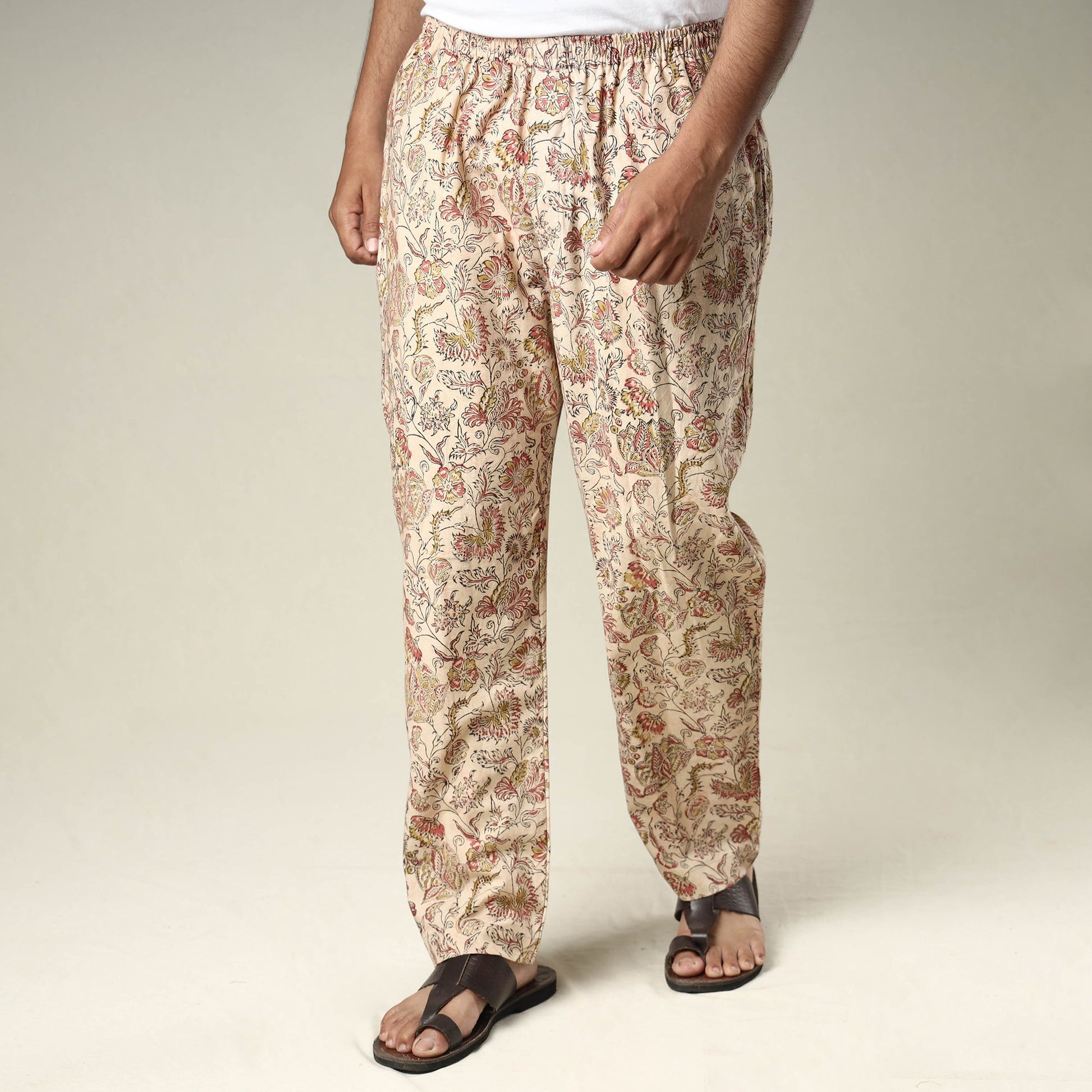 Beige - Kalamkari Block Printed Cotton Men’s Pyjama