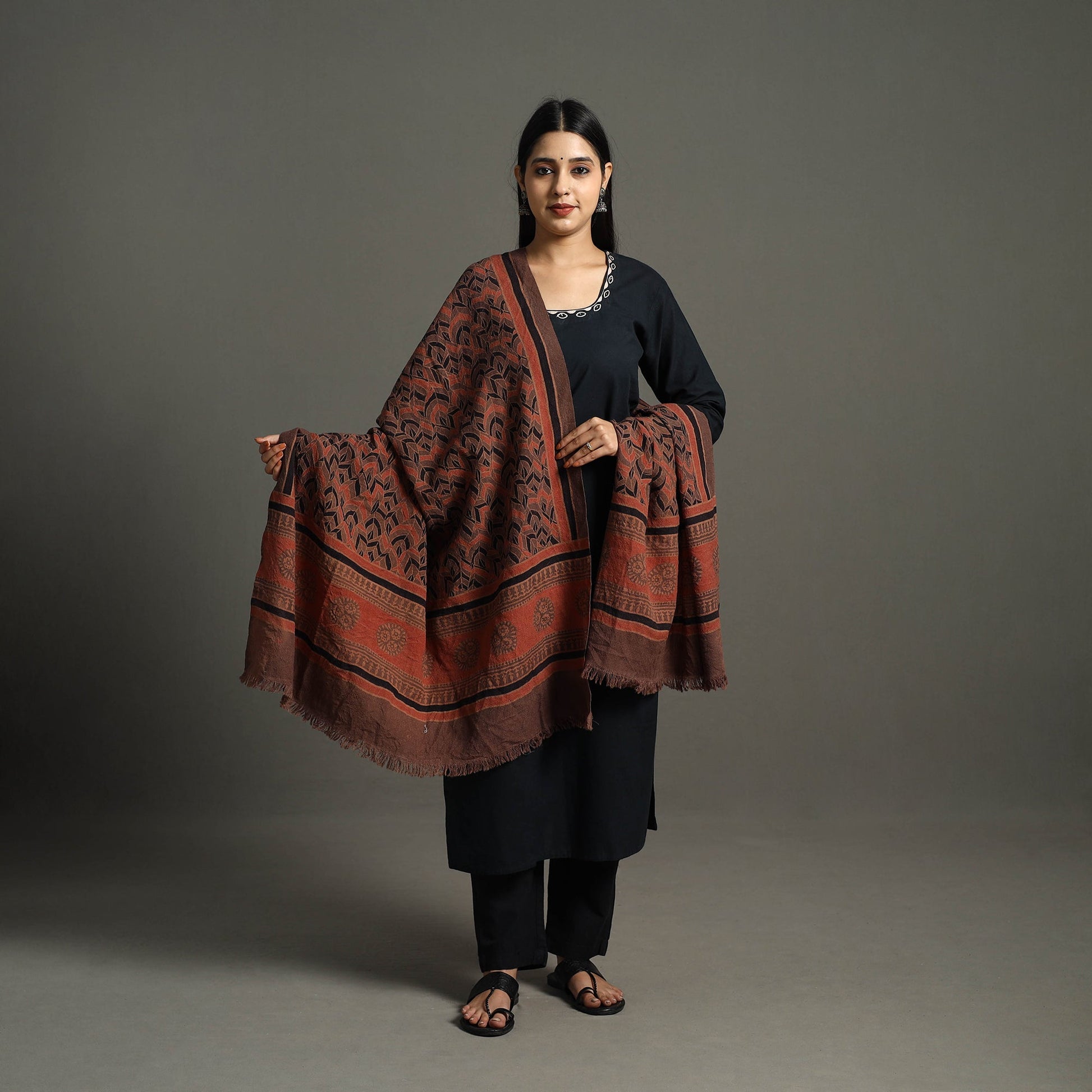 Ajrakh Block Printed Handwoven Woolen Shawl 30