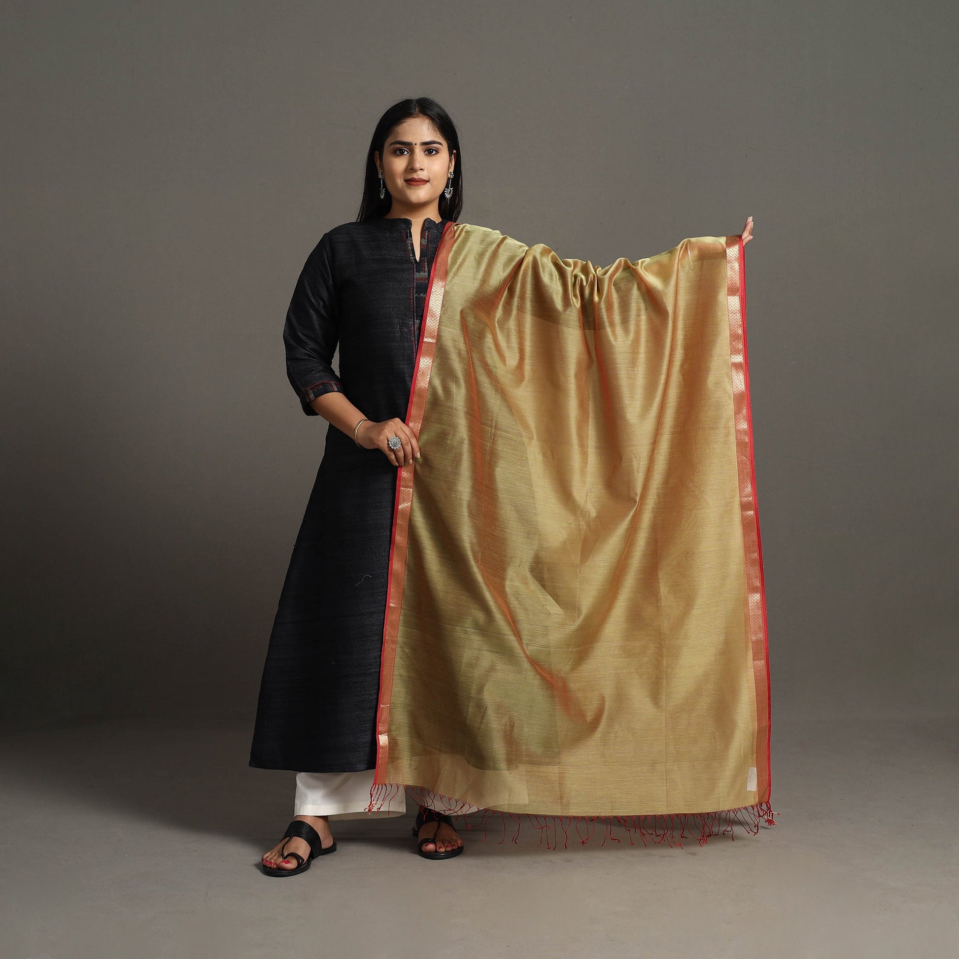 Brown - Handloom Silk Cotton Zari Work Maheshwari Dupatta 26