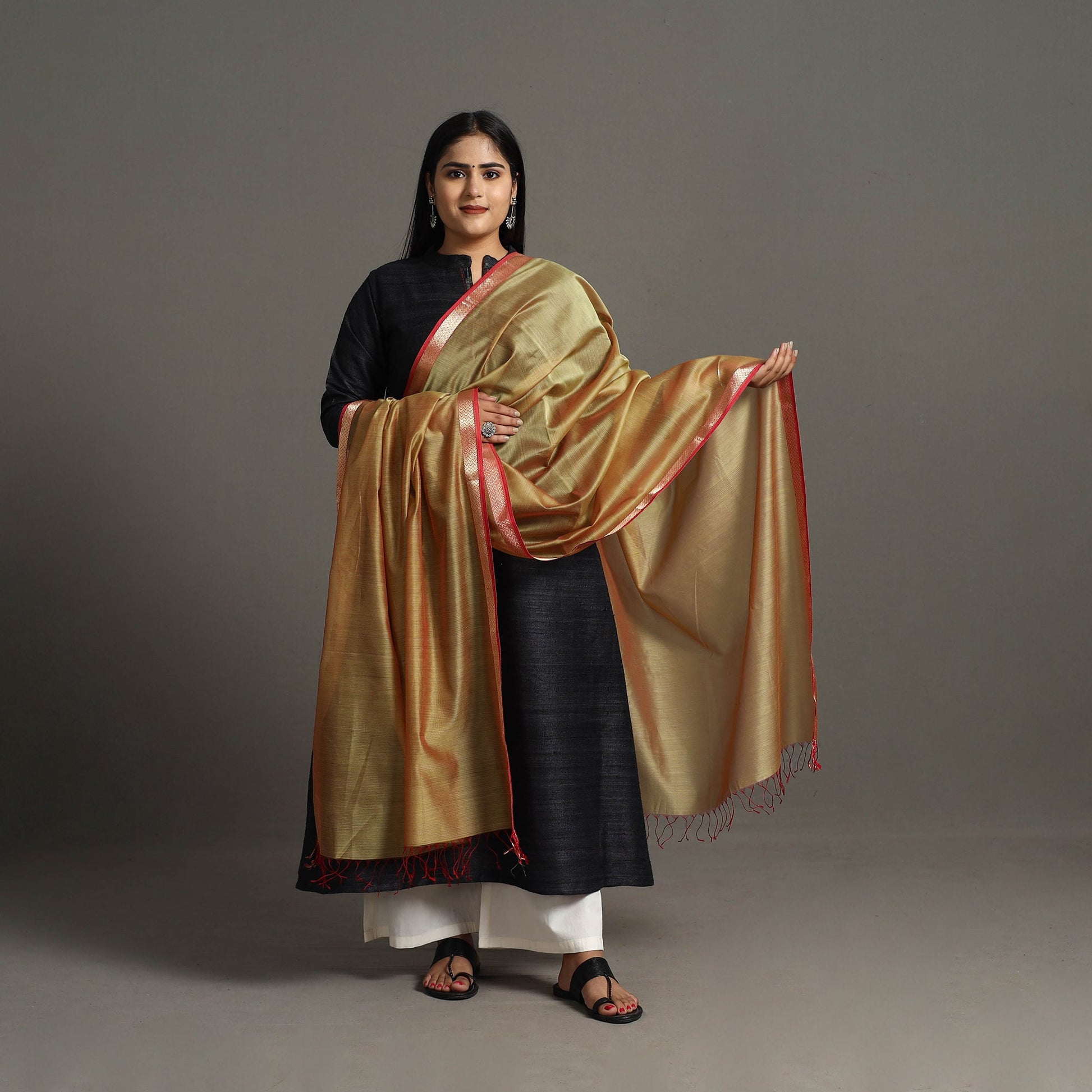 Brown - Handloom Silk Cotton Zari Work Maheshwari Dupatta 26