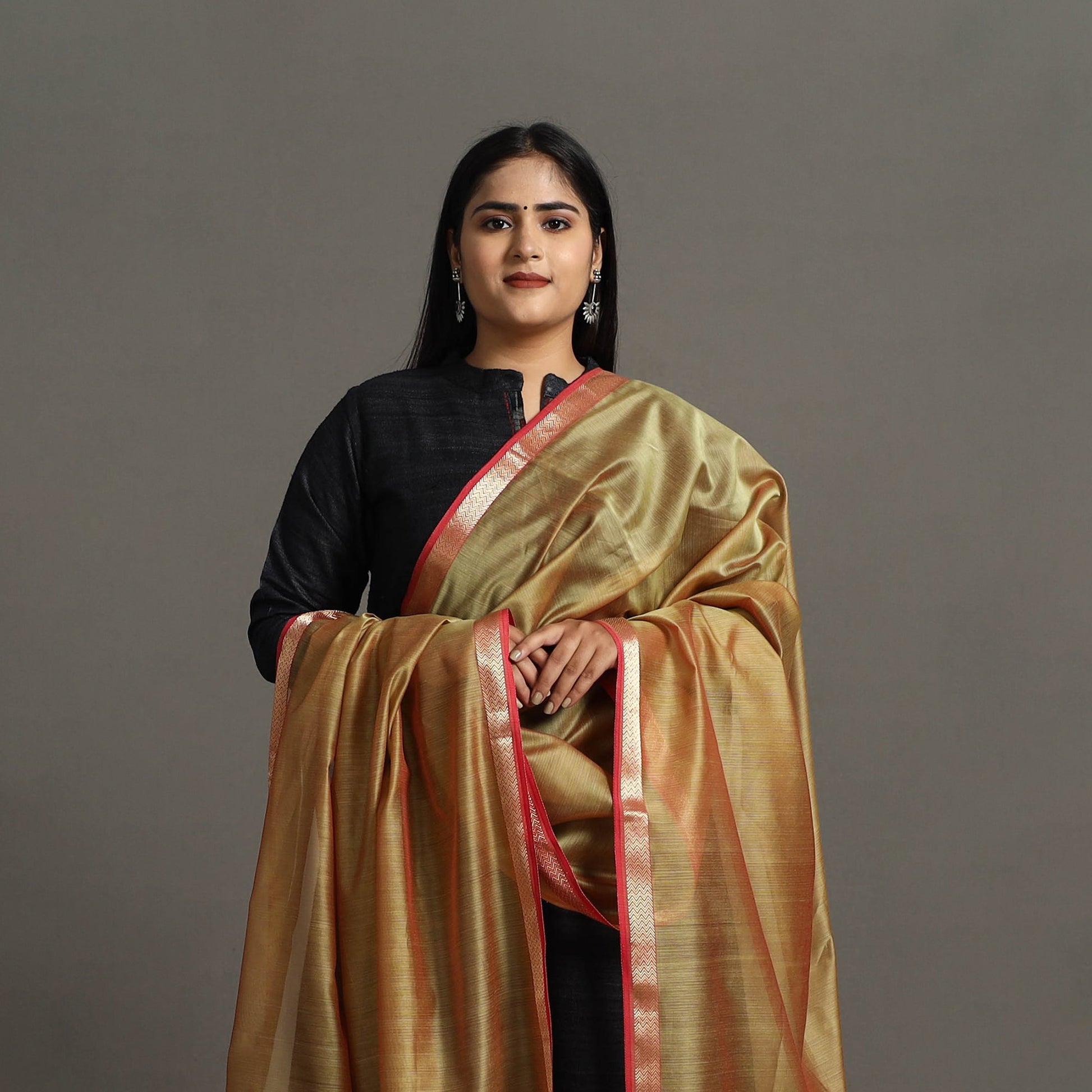 Brown - Handloom Silk Cotton Zari Work Maheshwari Dupatta 26