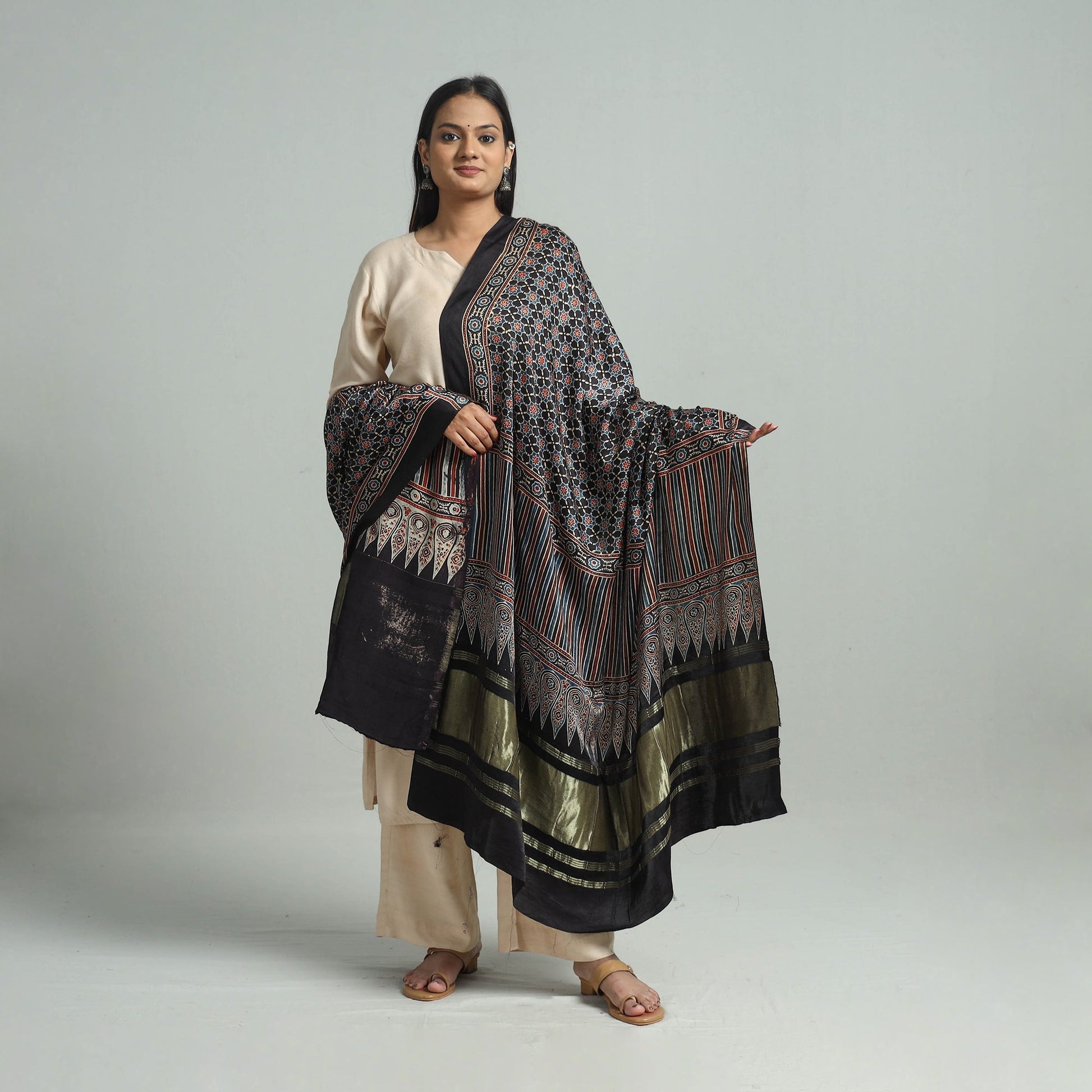 Black - Modal Silk Block Print Ajrakh Dupatta 64