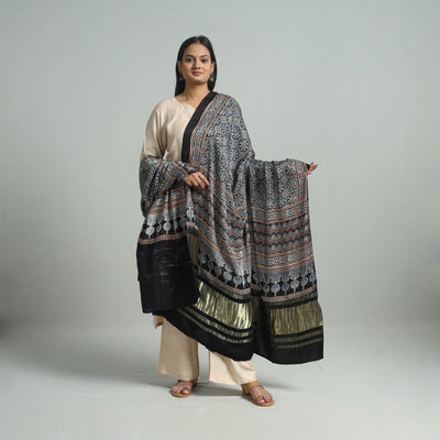 Black - Modal Silk Block Print Ajrakh Dupatta 65