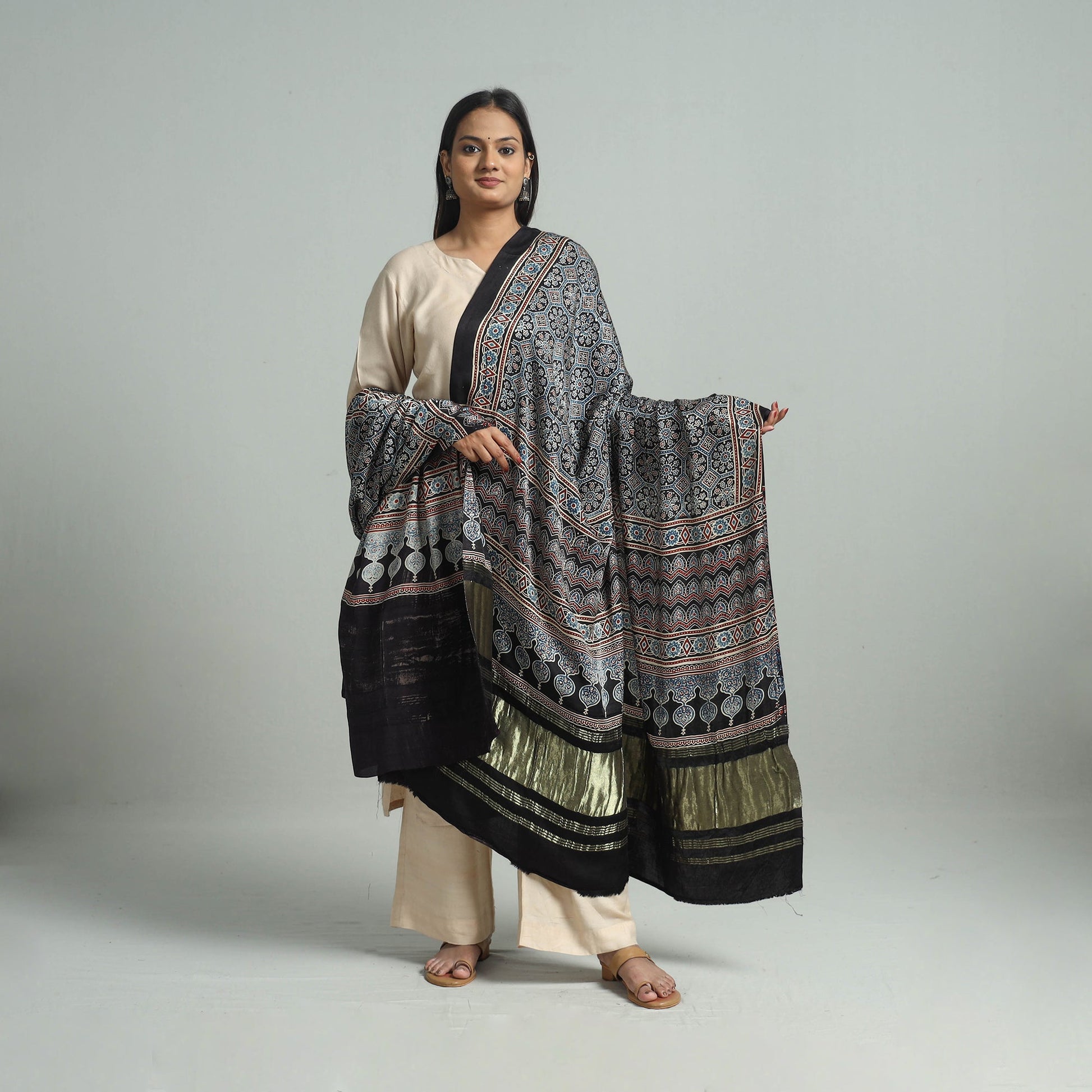 Black - Modal Silk Block Print Ajrakh Dupatta 65