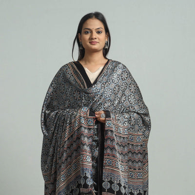 Black - Modal Silk Block Print Ajrakh Dupatta 65