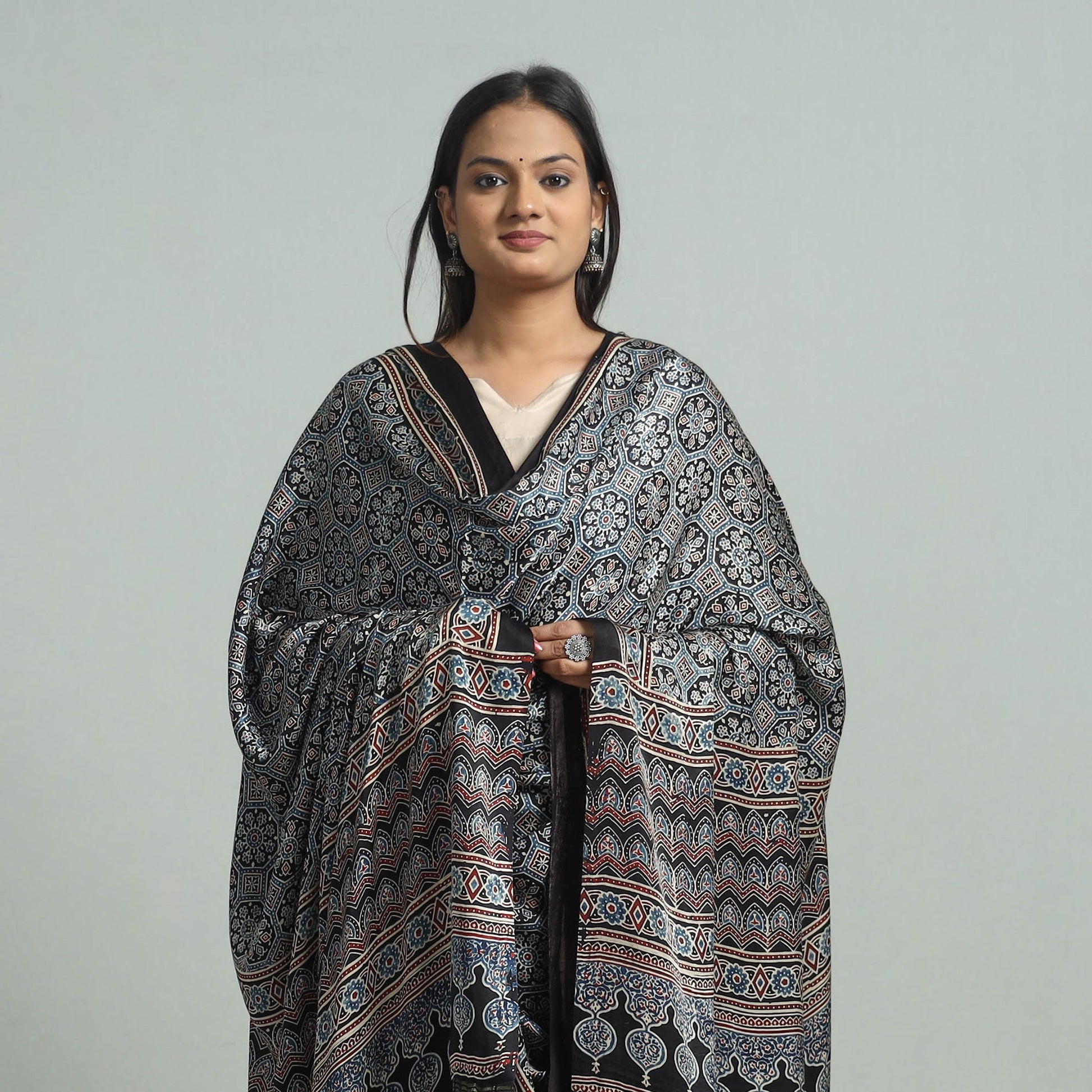 Black - Modal Silk Block Print Ajrakh Dupatta 65