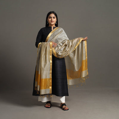 Beige - Handloom Silk Cotton Circle Buti Maheshwari Dupatta 30