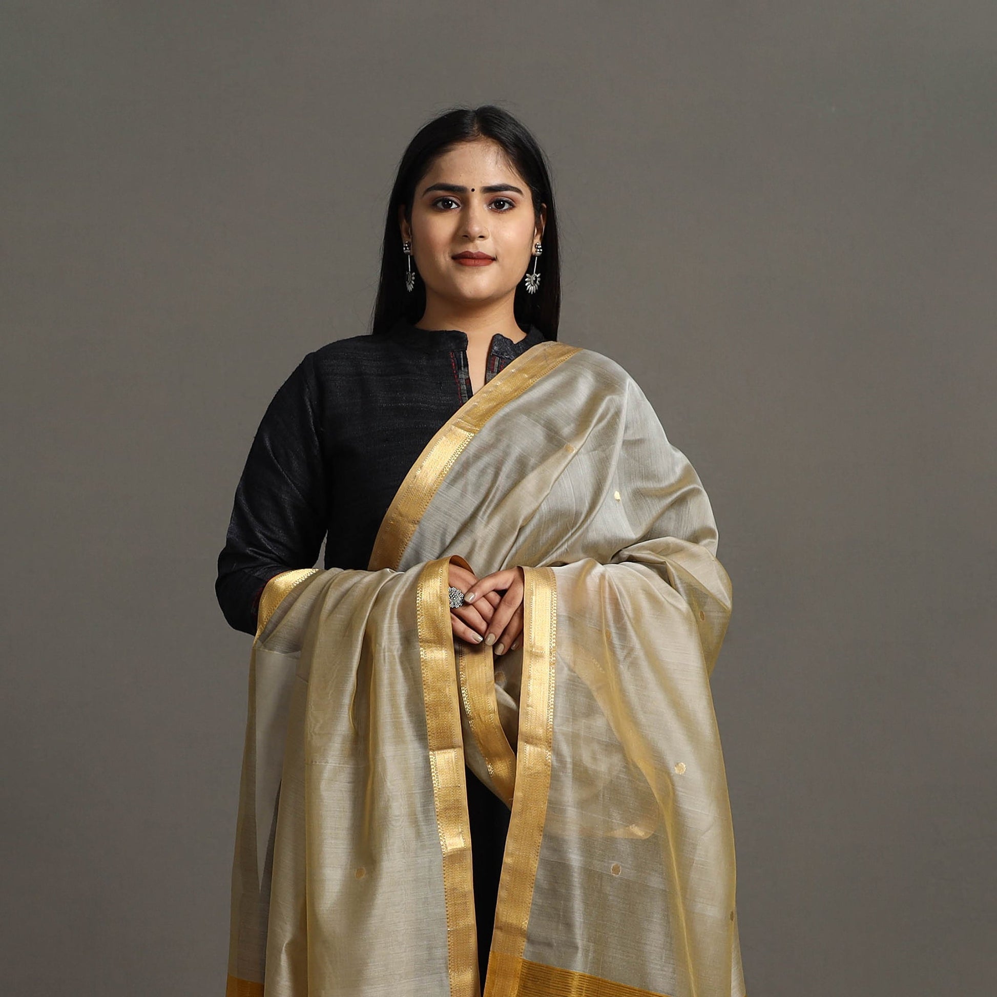 Beige - Handloom Silk Cotton Circle Buti Maheshwari Dupatta 30