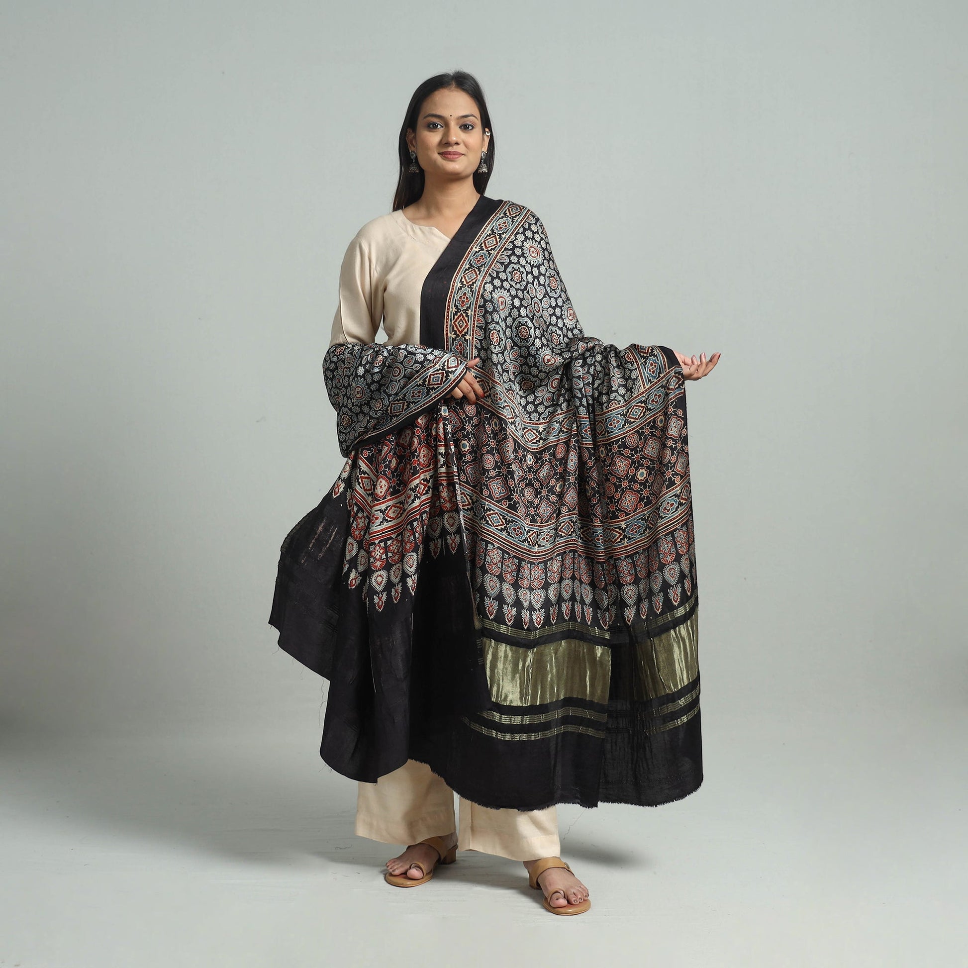 Black - Modal Silk Block Print Ajrakh Dupatta 68