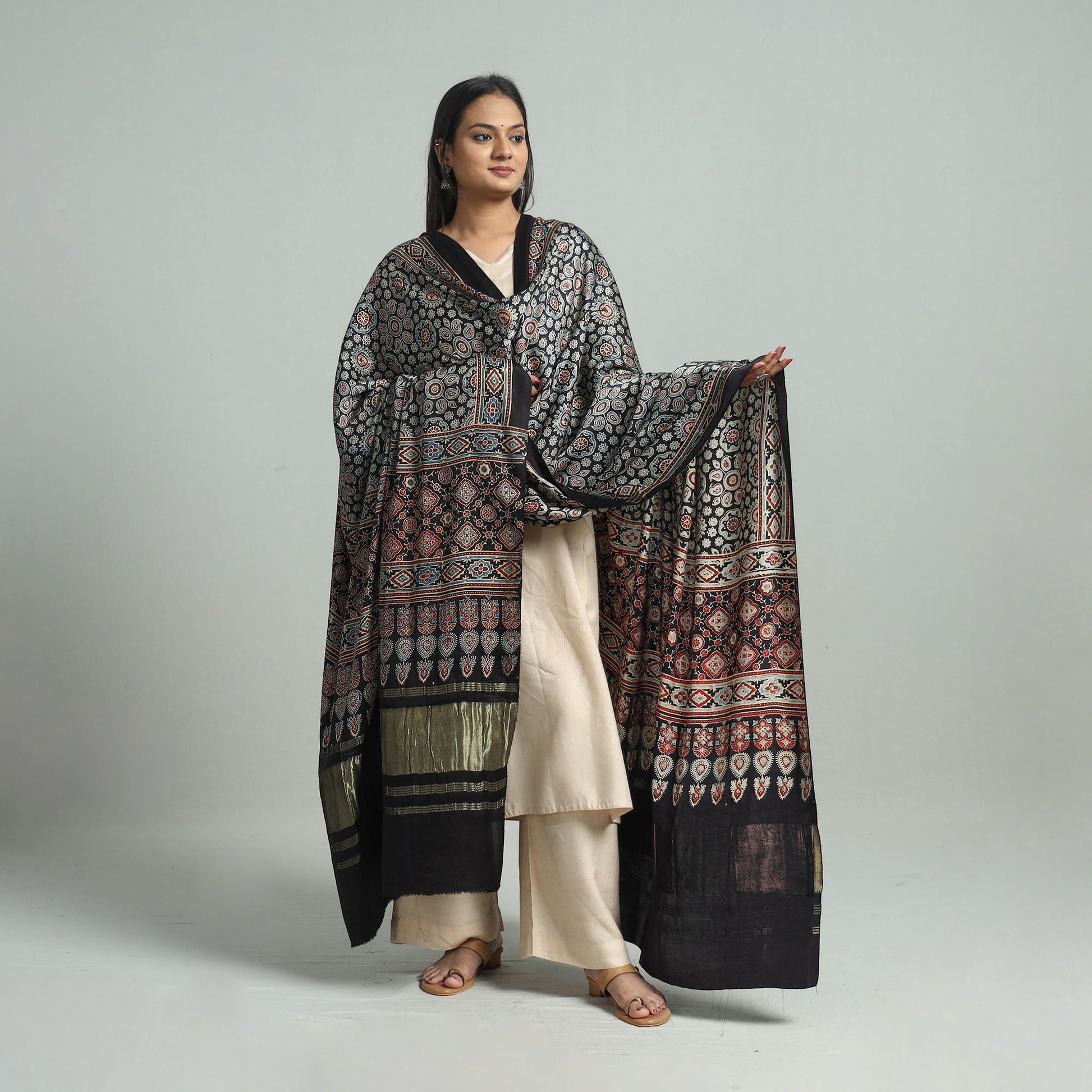 Black - Modal Silk Block Print Ajrakh Dupatta 68