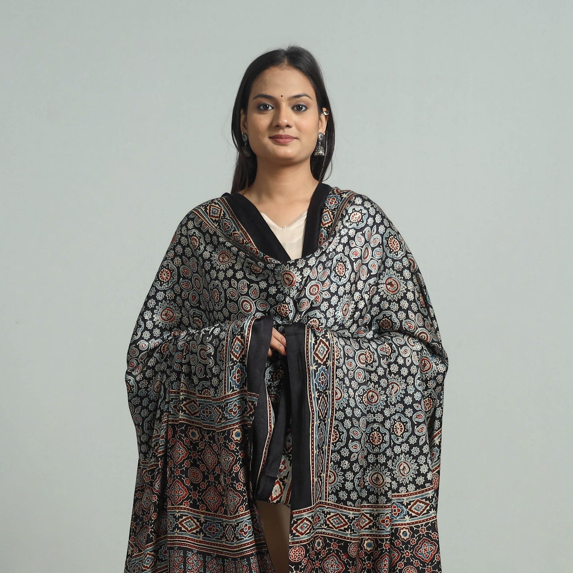Black - Modal Silk Block Print Ajrakh Dupatta 68