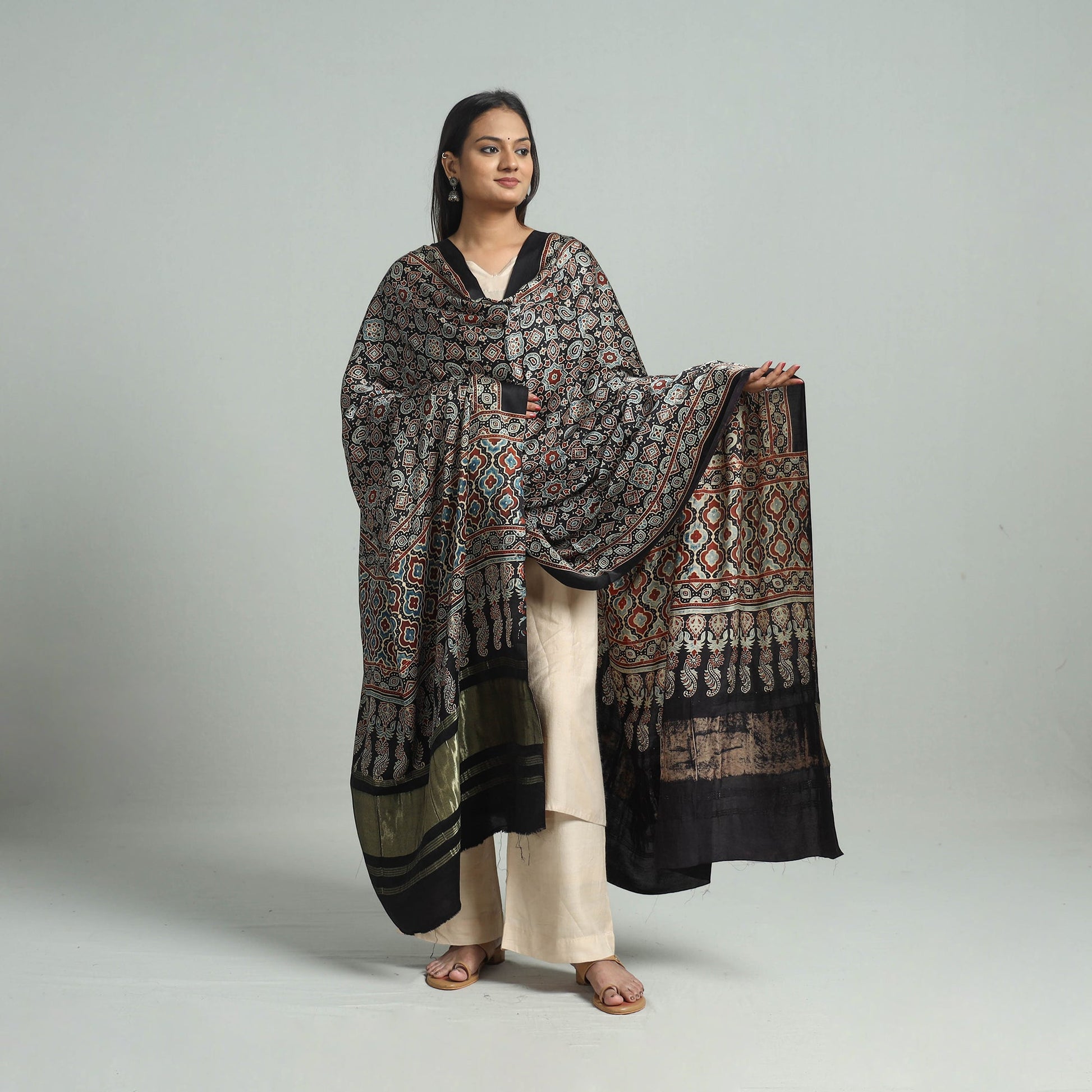 Black - Modal Silk Block Print Ajrakh Dupatta 69