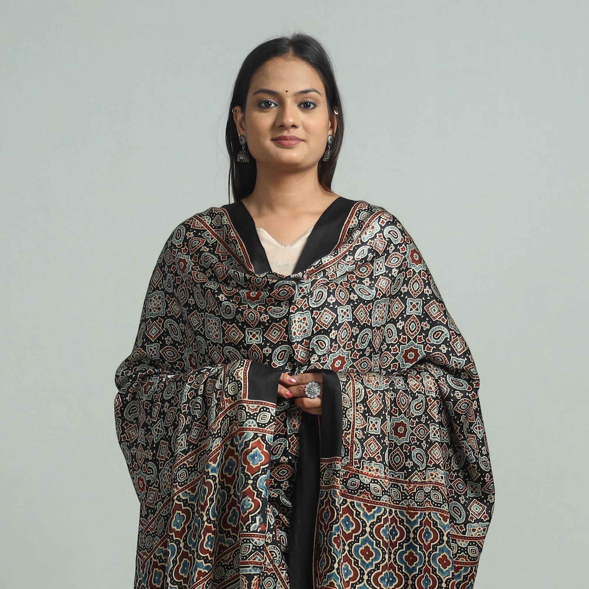 Black - Modal Silk Block Print Ajrakh Dupatta 69