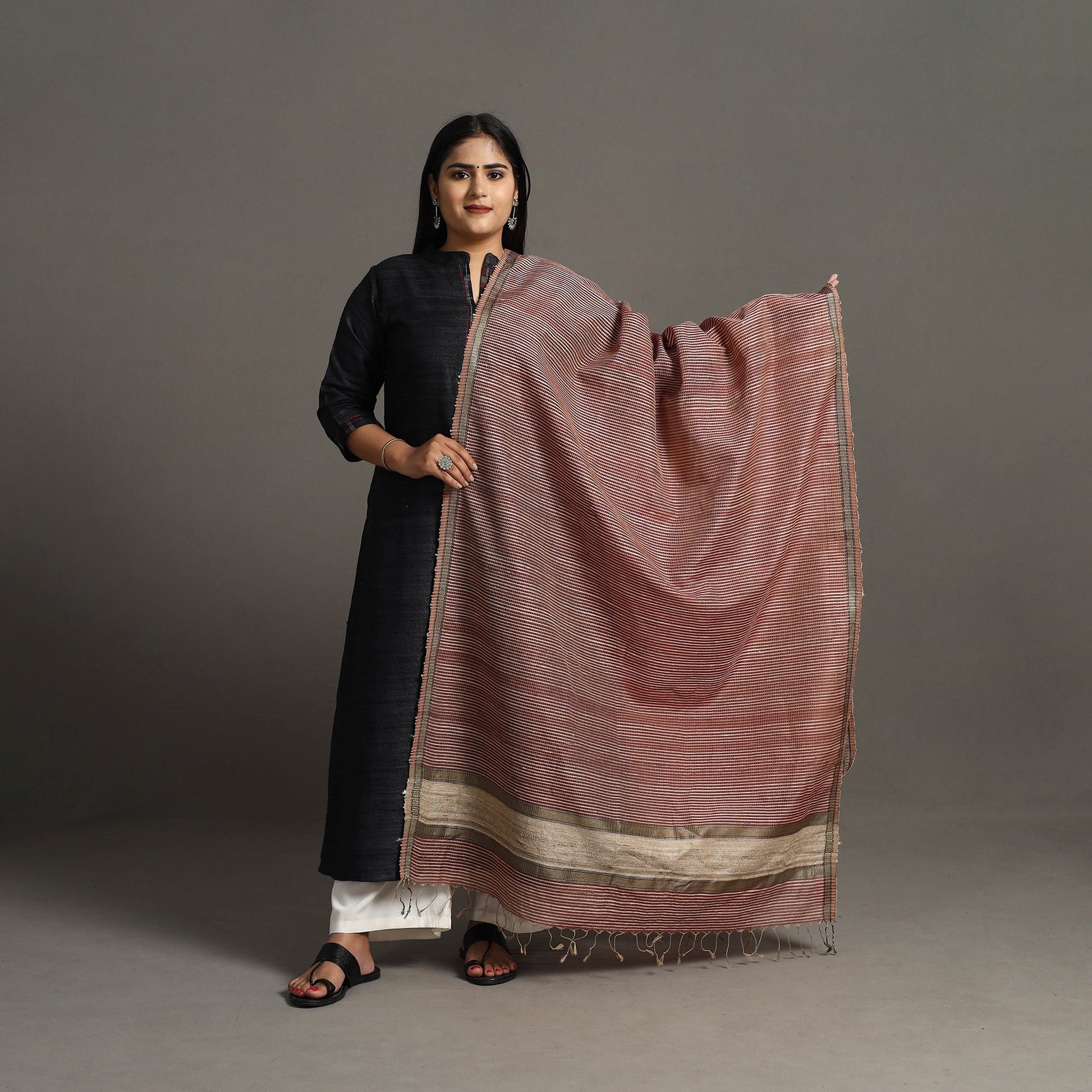 Brown - Handloom Silk Cotton Checks Maheshwari Dupatta 33