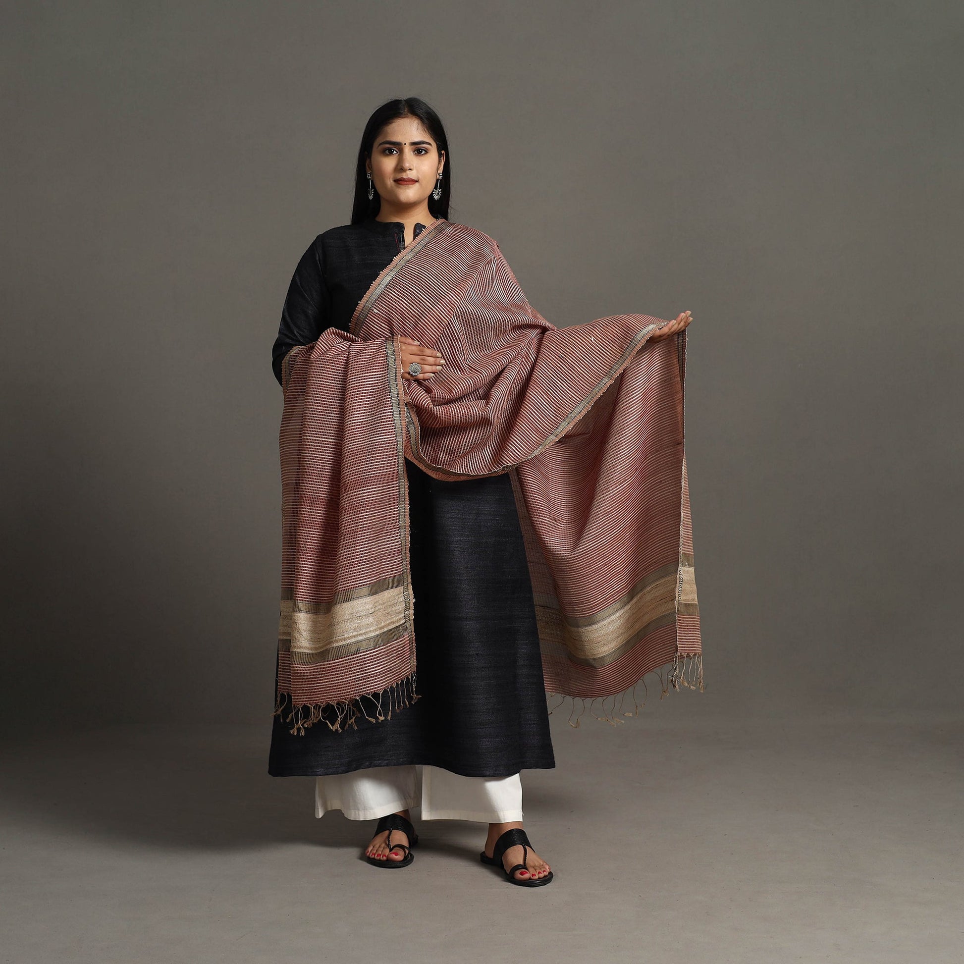 Brown - Handloom Silk Cotton Checks Maheshwari Dupatta 33