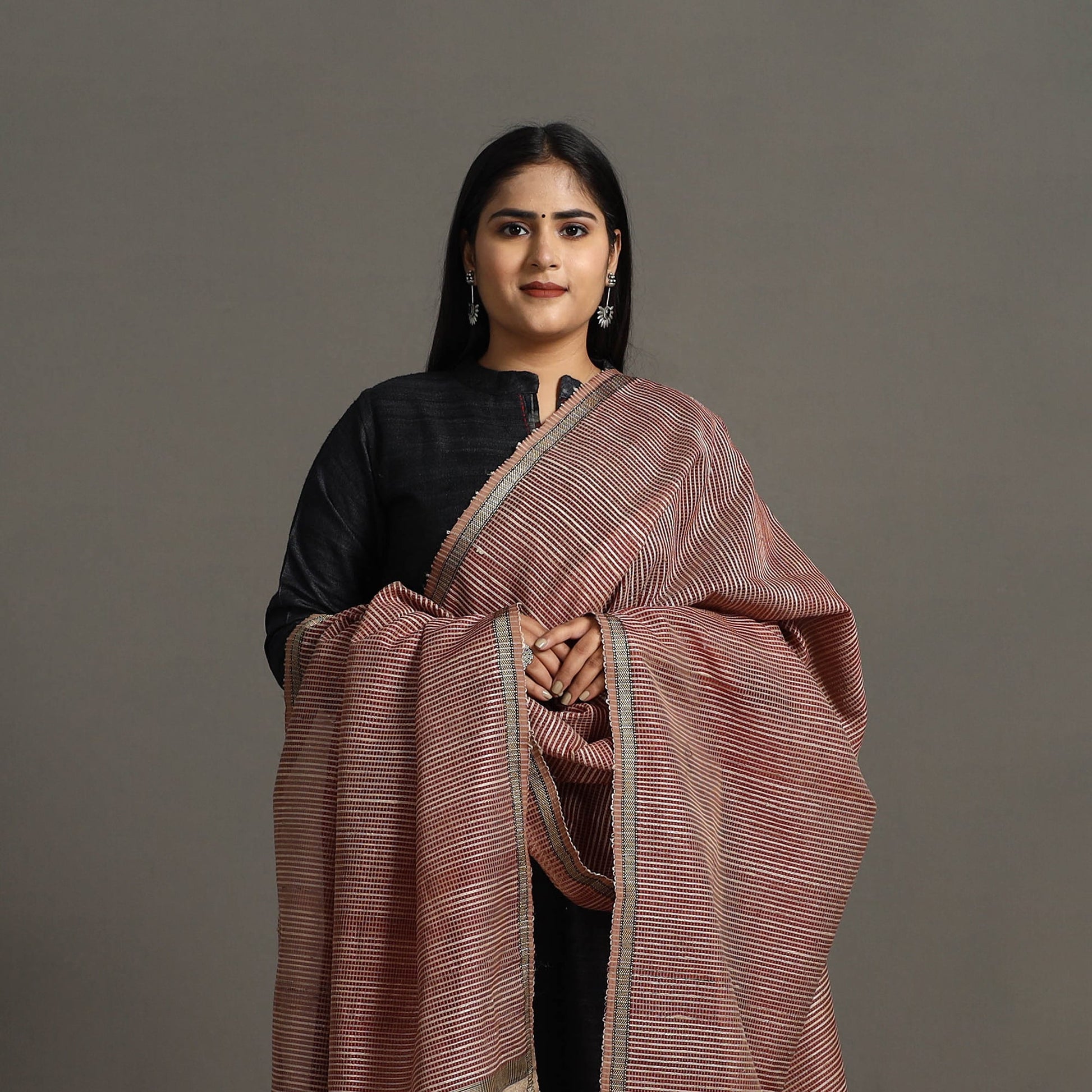 Brown - Handloom Silk Cotton Checks Maheshwari Dupatta 33