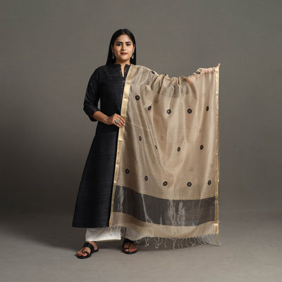 Beige - Handloom Silk Cotton Circle Buti Maheshwari Dupatta 34