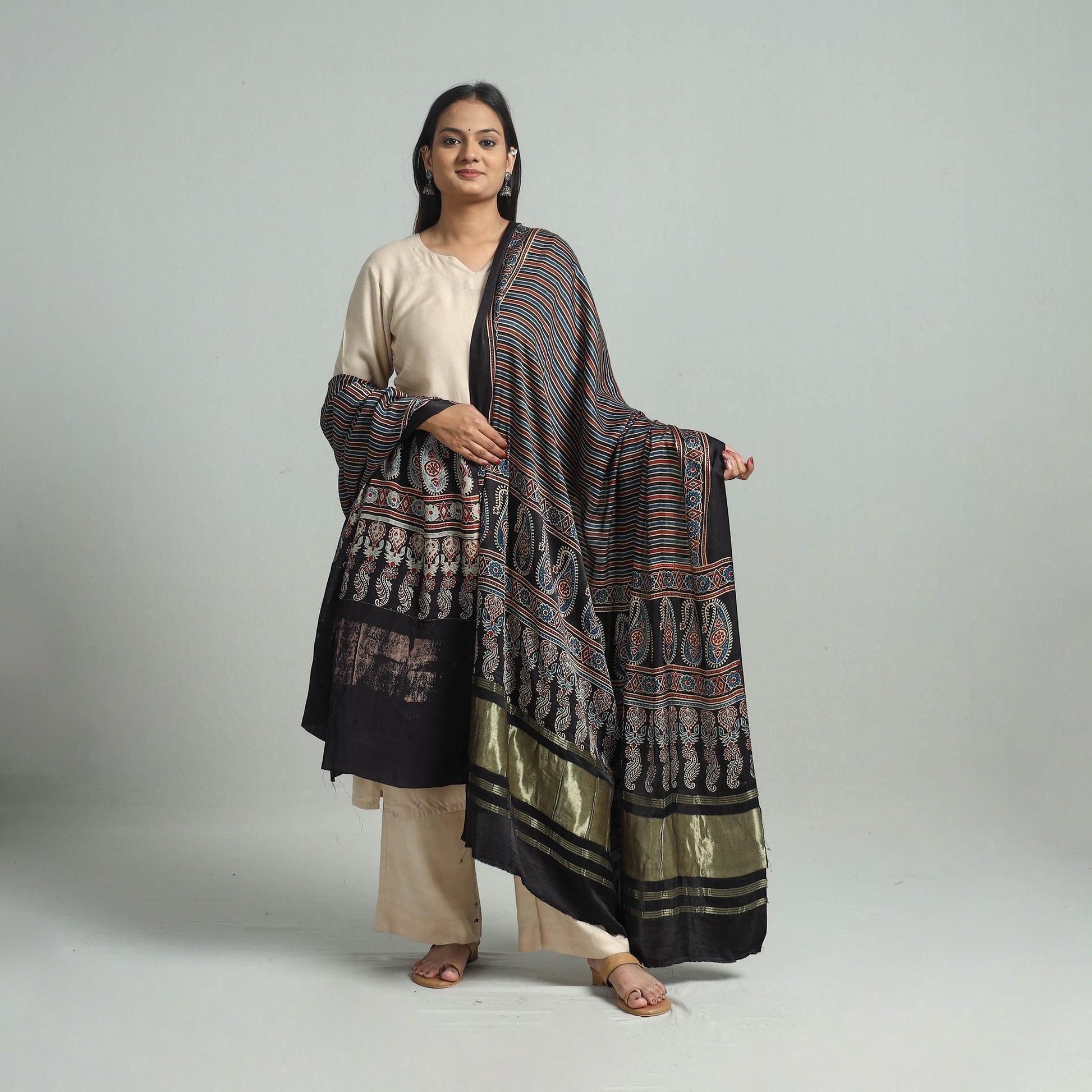 Black - Modal Silk Block Print Ajrakh Dupatta 71